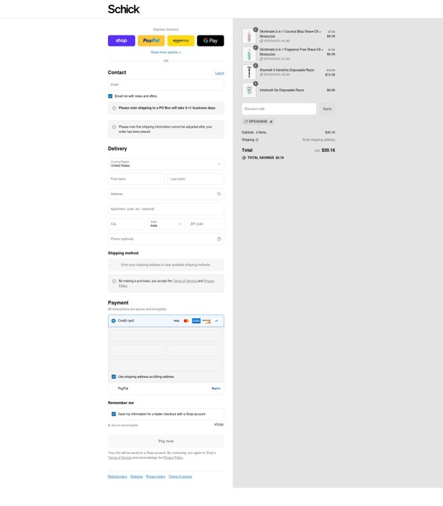 Schick checkout page showing Schick coupon code box | Screenshot taken by SimplyCodes community member on Aug 31, 2025