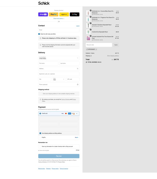Schick checkout page showing Schick coupon code box | Screenshot taken by SimplyCodes community member on Aug 27, 2025