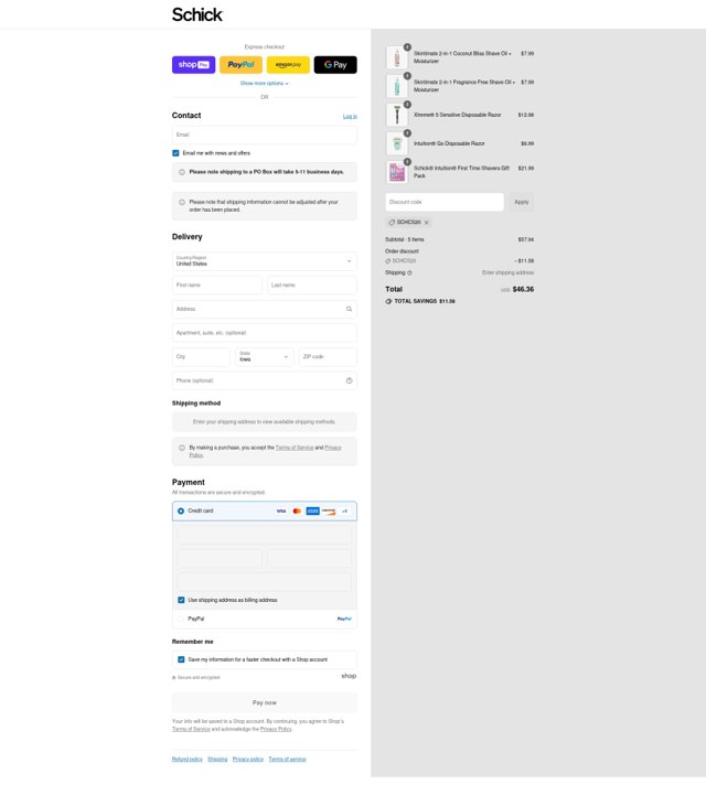 Schick checkout page showing Schick coupon code box | Screenshot taken by SimplyCodes community member on Aug 27, 2025