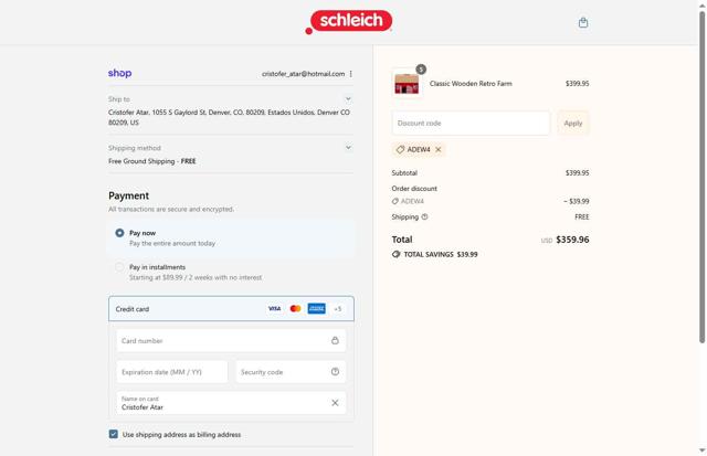Schleich checkout page showing Schleich discount code box | Screenshot taken by SimplyCodes community member on Sep 16, 2025