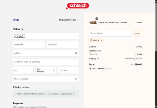 Schleich checkout page showing Schleich discount code box | Screenshot taken by SimplyCodes community member on Sep 15, 2025