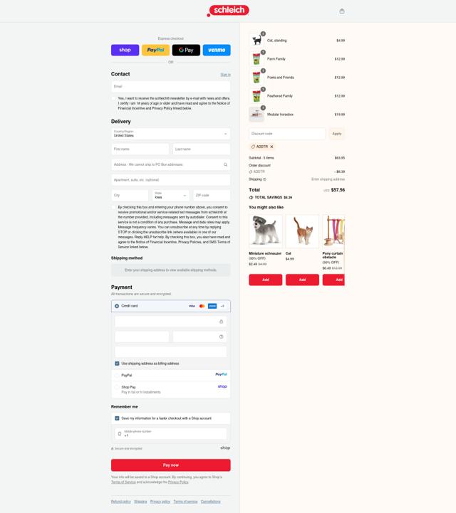 Schleich checkout page showing Schleich discount code box | Screenshot taken by SimplyCodes community member on Sep 15, 2025
