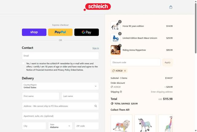 Schleich checkout page showing Schleich discount code box | Screenshot taken by SimplyCodes community member on Sep 15, 2025