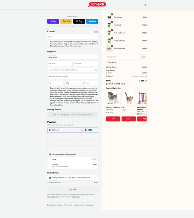 Schleich checkout page showing Schleich discount code box | Screenshot taken by SimplyCodes community member on Sep 15, 2025
