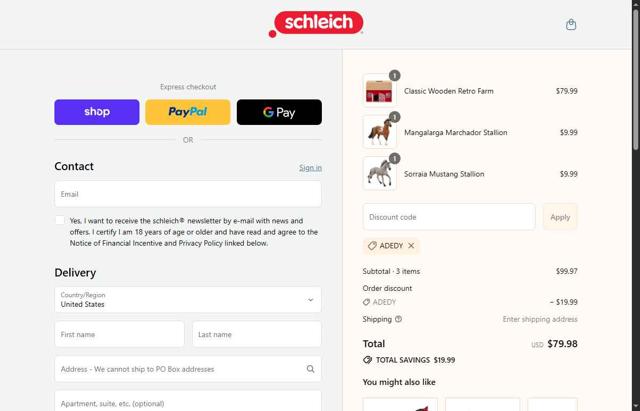 Schleich checkout page showing Schleich discount code box | Screenshot taken by SimplyCodes community member on Sep 15, 2025