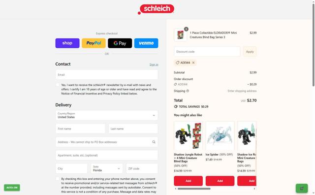 Schleich checkout page showing Schleich discount code box | Screenshot taken by SimplyCodes community member on Sep 16, 2025