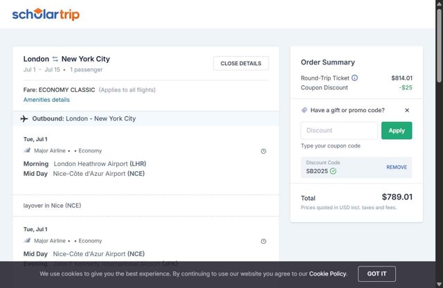 ScholarTrip checkout page showing ScholarTrip promo code box | Screenshot taken by SimplyCodes community member on May 2, 2025