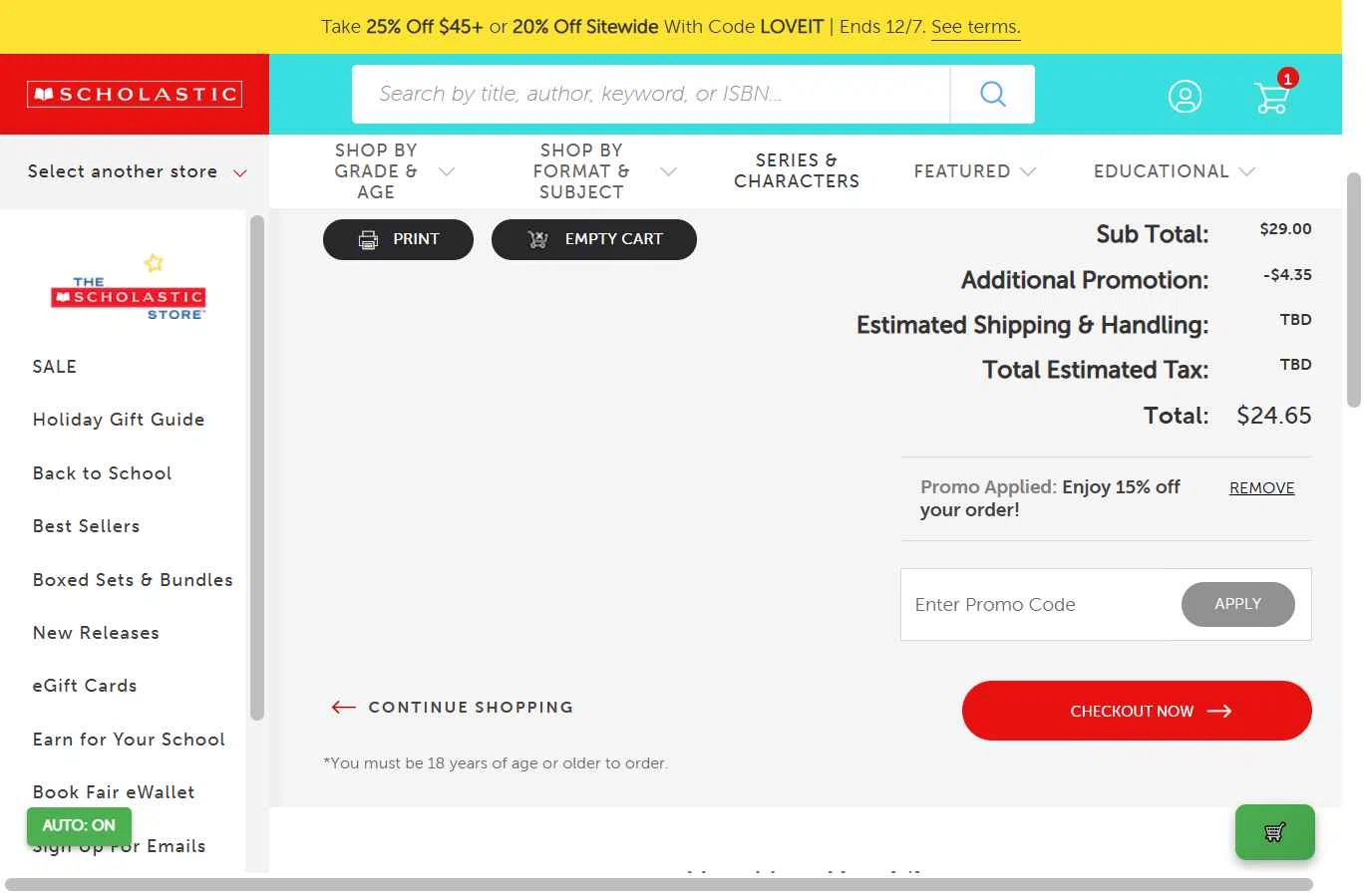 The Scholastic Parent Store checkout page showing The Scholastic Parent Store promo code box | Screenshot taken by SimplyCodes community member on Dec 5, 2025
