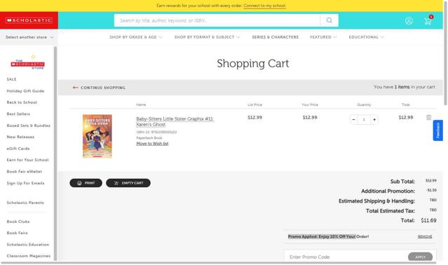 The Scholastic Parent Store checkout page showing The Scholastic Parent Store promo code box | Screenshot taken by SimplyCodes community member on Sep 27, 2025