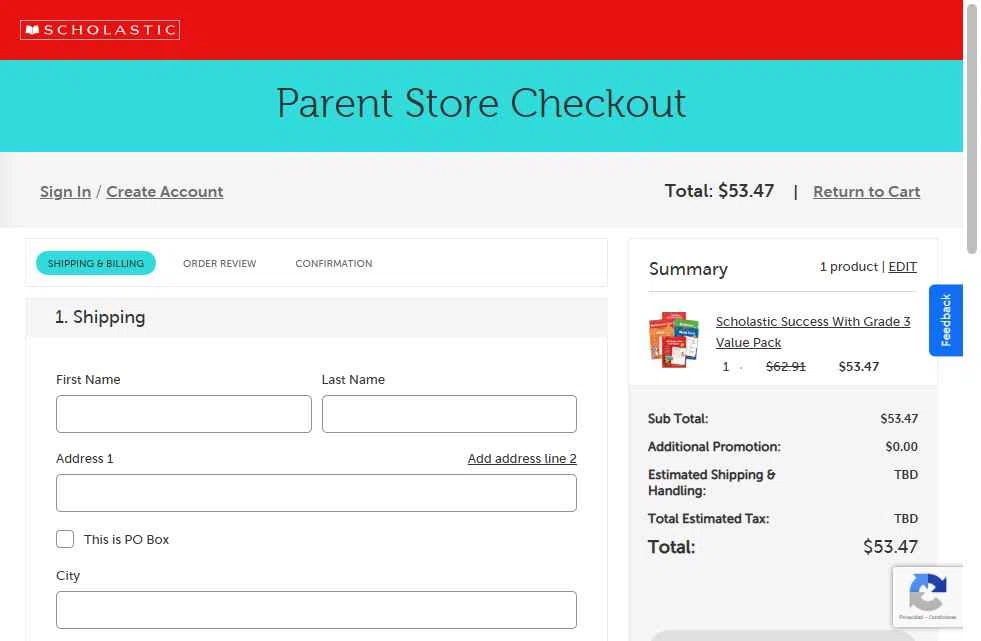 The Scholastic Parent Store checkout page showing The Scholastic Parent Store promo code box | Screenshot taken by SimplyCodes community member on Feb 2, 2026