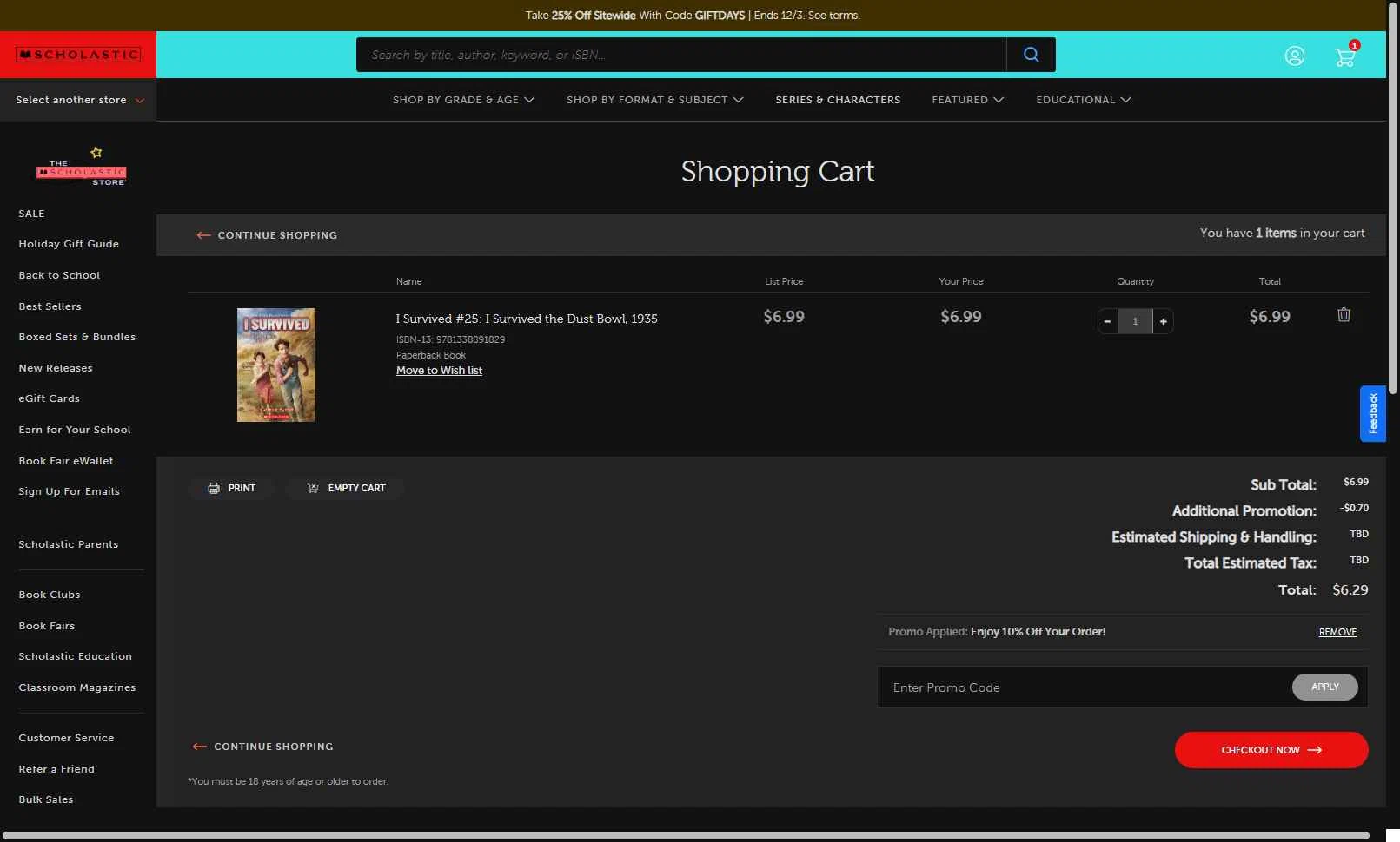 The Scholastic Parent Store checkout page showing The Scholastic Parent Store promo code box | Screenshot taken by SimplyCodes community member on Dec 2, 2025