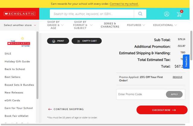 The Scholastic Parent Store checkout page showing The Scholastic Parent Store promo code box | Screenshot taken by SimplyCodes community member on Oct 5, 2025