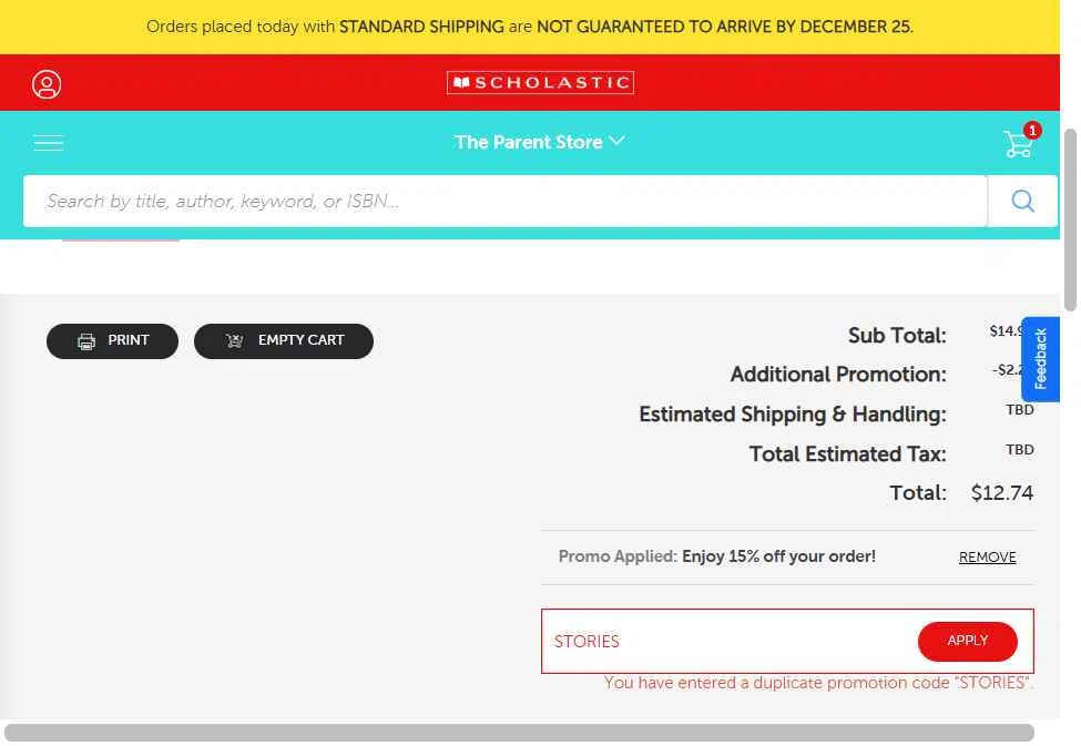 The Scholastic Parent Store checkout page showing The Scholastic Parent Store promo code box | Screenshot taken by SimplyCodes community member on Dec 18, 2025