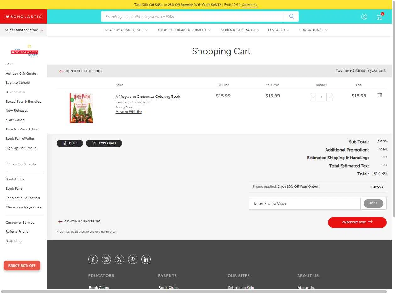 The Scholastic Parent Store checkout page showing The Scholastic Parent Store promo code box | Screenshot taken by SimplyCodes community member on Dec 13, 2025