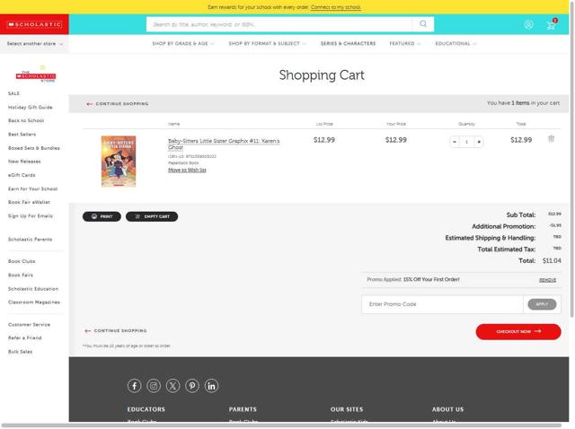 The Scholastic Parent Store checkout page showing The Scholastic Parent Store promo code box | Screenshot taken by SimplyCodes community member on Oct 5, 2025