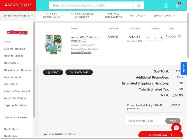The Scholastic Parent Store checkout page showing The Scholastic Parent Store promo code box | Screenshot taken by SimplyCodes community member on Sep 5, 2025