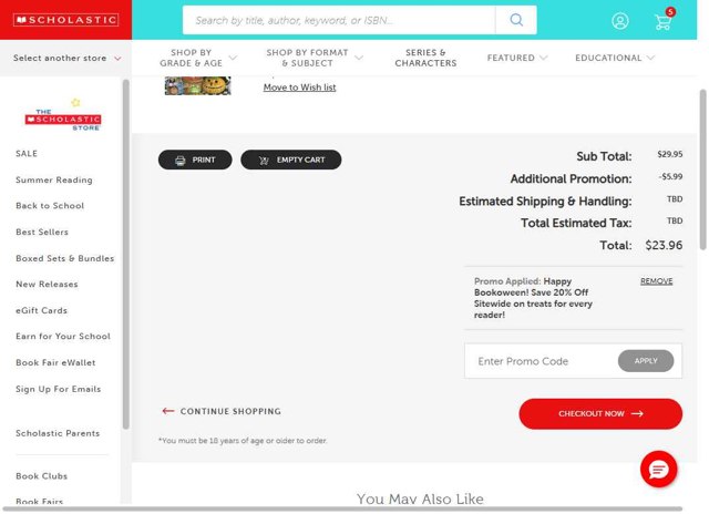 The Scholastic Parent Store checkout page showing The Scholastic Parent Store promo code box | Screenshot taken by SimplyCodes community member on Sep 4, 2025