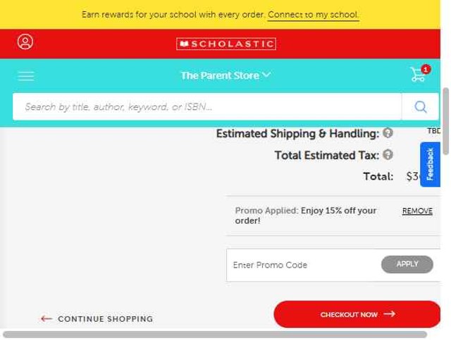 The Scholastic Parent Store checkout page showing The Scholastic Parent Store promo code box | Screenshot taken by SimplyCodes community member on Aug 24, 2025