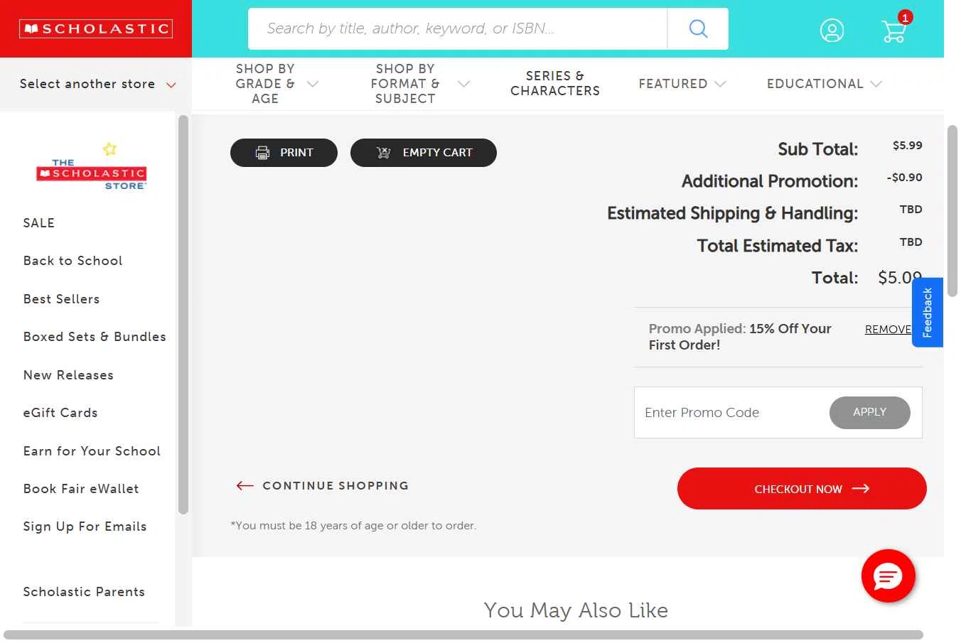 The Scholastic Parent Store checkout page showing The Scholastic Parent Store promo code box | Screenshot taken by SimplyCodes community member on Jan 30, 2026