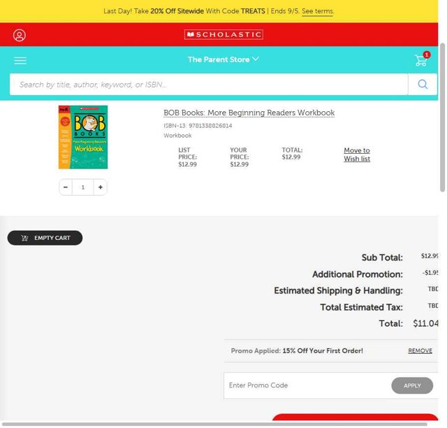 The Scholastic Parent Store checkout page showing The Scholastic Parent Store promo code box | Screenshot taken by SimplyCodes community member on Sep 5, 2025