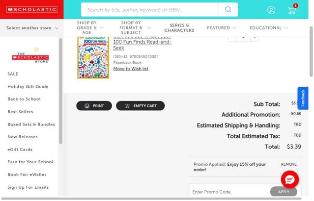 The Scholastic Parent Store checkout page showing The Scholastic Parent Store promo code box | Screenshot taken by SimplyCodes community member on Sep 22, 2025