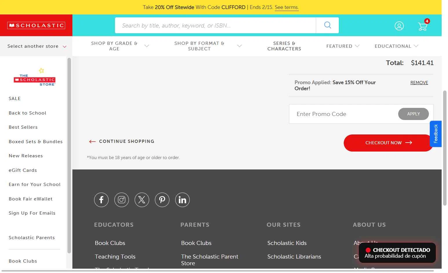 The Scholastic Parent Store checkout page showing The Scholastic Parent Store promo code box | Screenshot taken by SimplyCodes community member on Feb 10, 2026