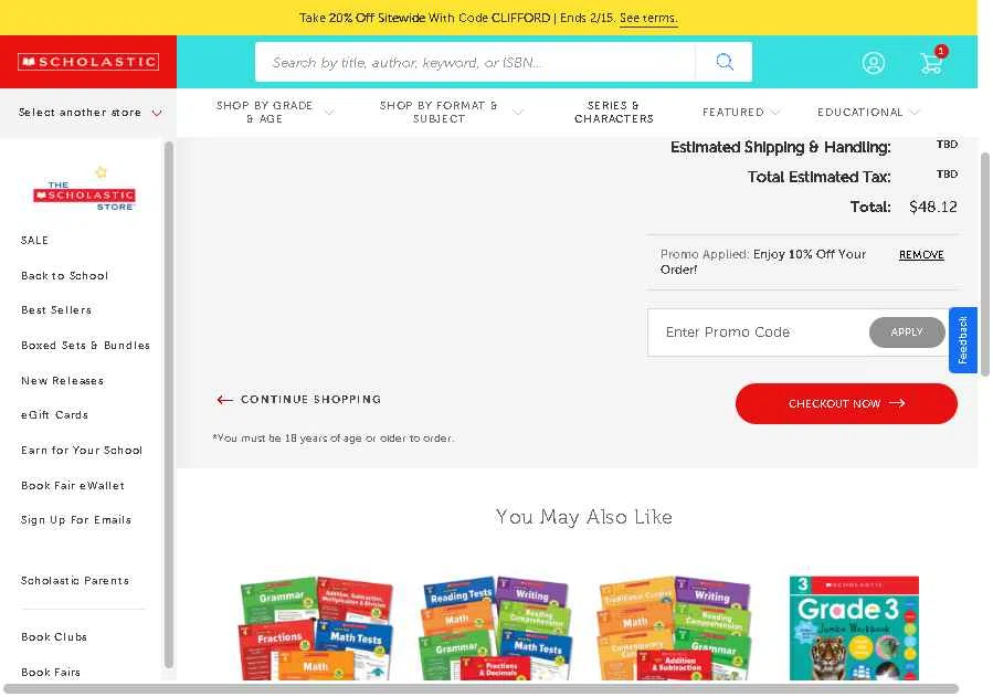 The Scholastic Parent Store checkout page showing The Scholastic Parent Store promo code box | Screenshot taken by SimplyCodes community member on Feb 15, 2026