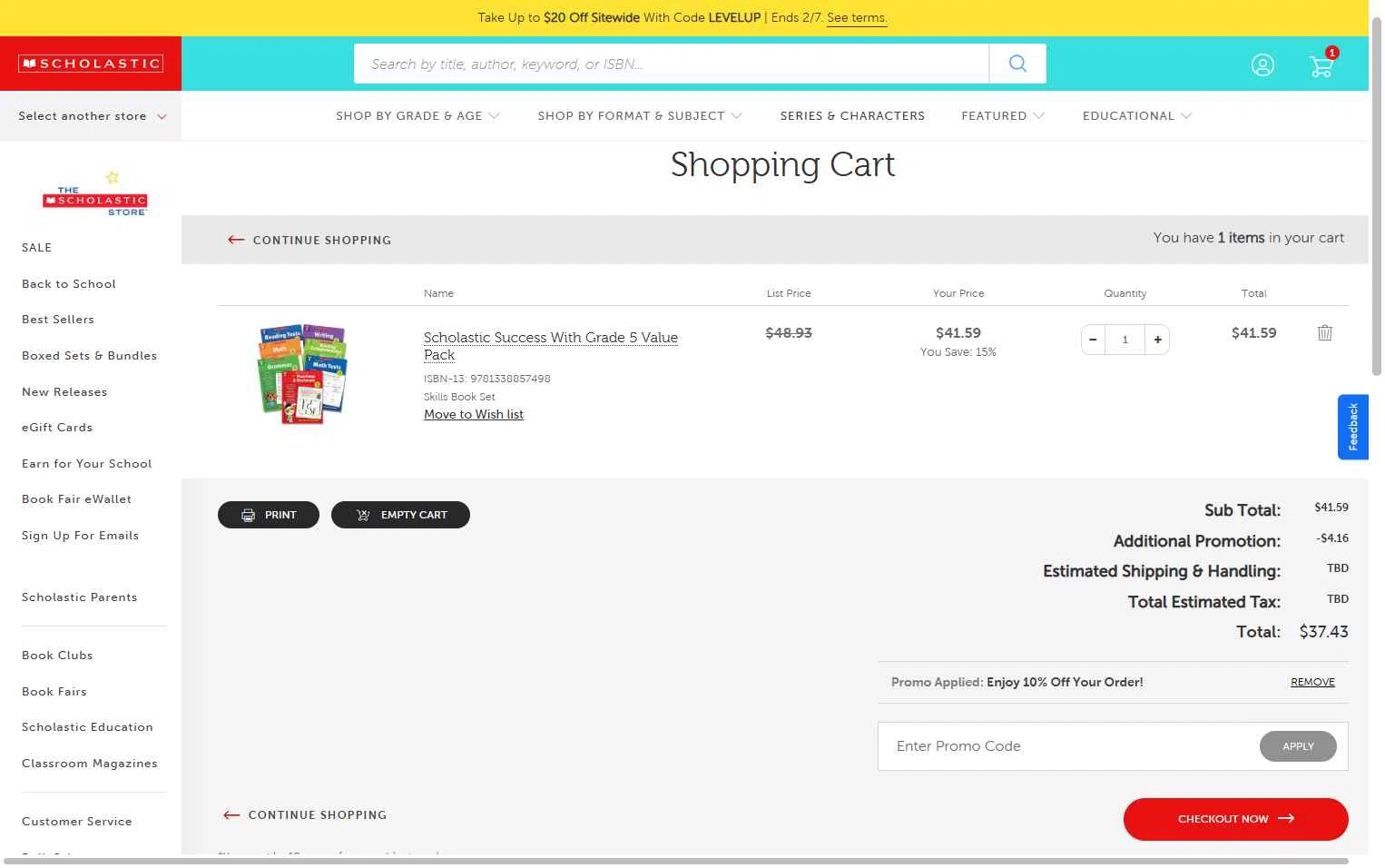 The Scholastic Parent Store checkout page showing The Scholastic Parent Store promo code box | Screenshot taken by SimplyCodes community member on Feb 4, 2026