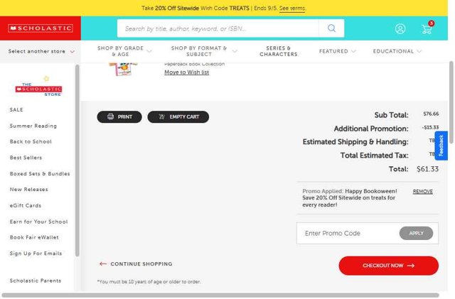 The Scholastic Parent Store checkout page showing The Scholastic Parent Store promo code box | Screenshot taken by SimplyCodes community member on Sep 3, 2025