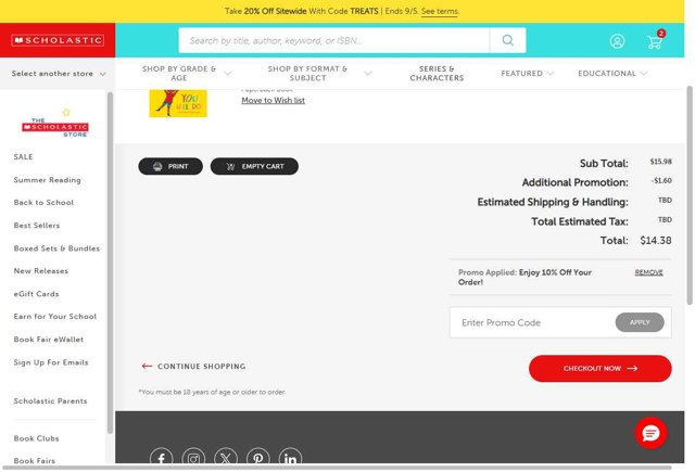 The Scholastic Parent Store checkout page showing The Scholastic Parent Store promo code box | Screenshot taken by SimplyCodes community member on Sep 5, 2025