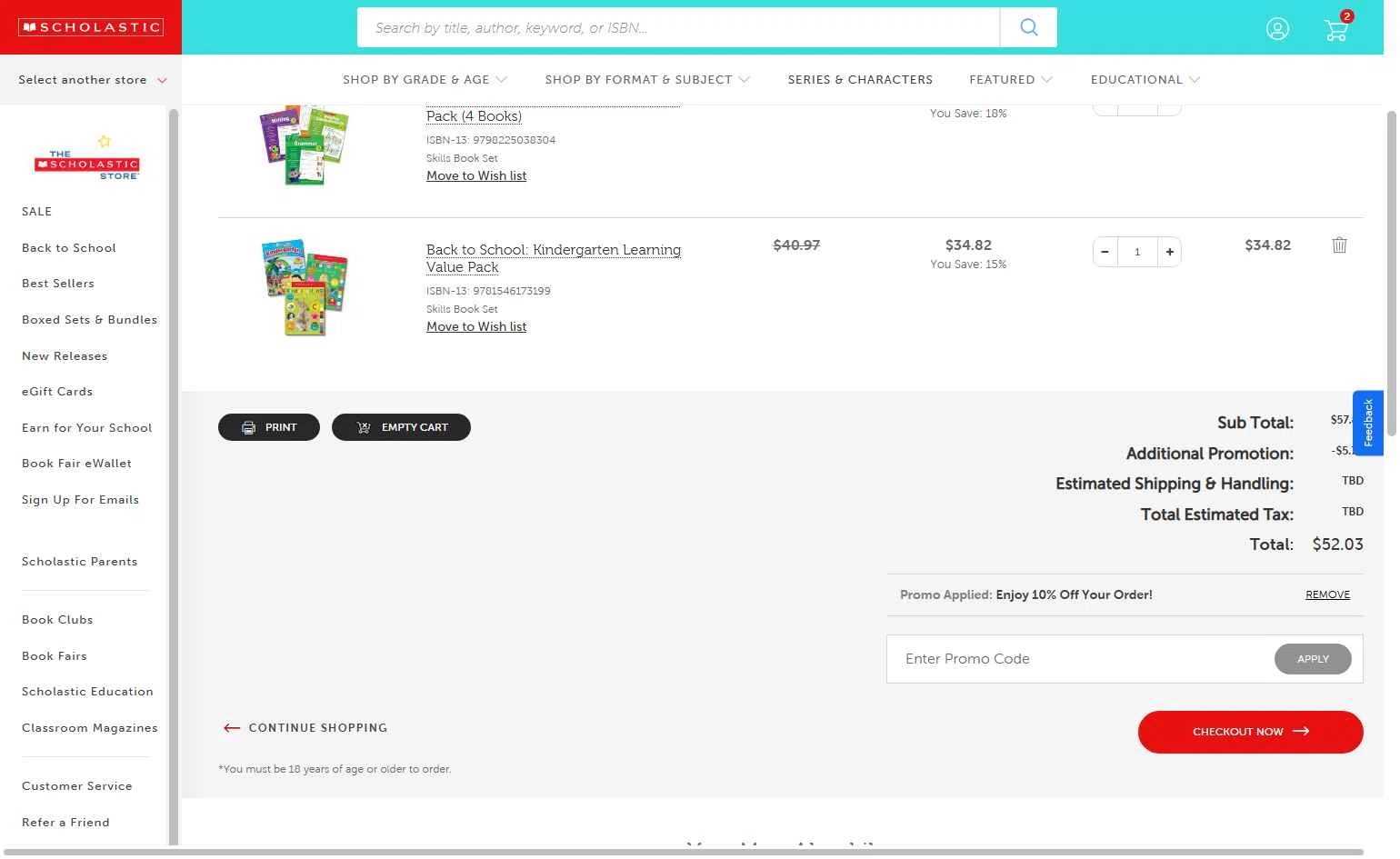 The Scholastic Parent Store checkout page showing The Scholastic Parent Store promo code box | Screenshot taken by SimplyCodes community member on Jan 4, 2026