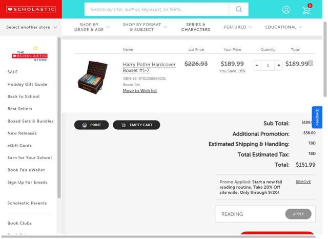 The Scholastic Parent Store checkout page showing The Scholastic Parent Store promo code box | Screenshot taken by SimplyCodes community member on Sep 22, 2025