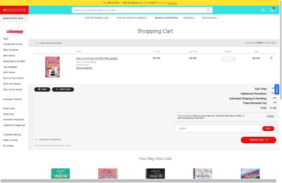 The Scholastic Parent Store checkout page showing The Scholastic Parent Store promo code box | Screenshot taken by SimplyCodes community member on Dec 4, 2025