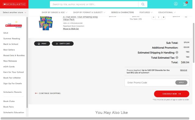 The Scholastic Parent Store checkout page showing The Scholastic Parent Store promo code box | Screenshot taken by SimplyCodes community member on Aug 25, 2025