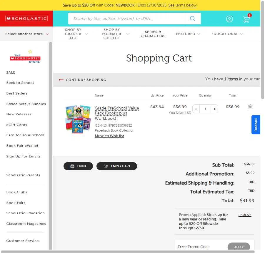 The Scholastic Parent Store checkout page showing The Scholastic Parent Store promo code box | Screenshot taken by SimplyCodes community member on Dec 26, 2025