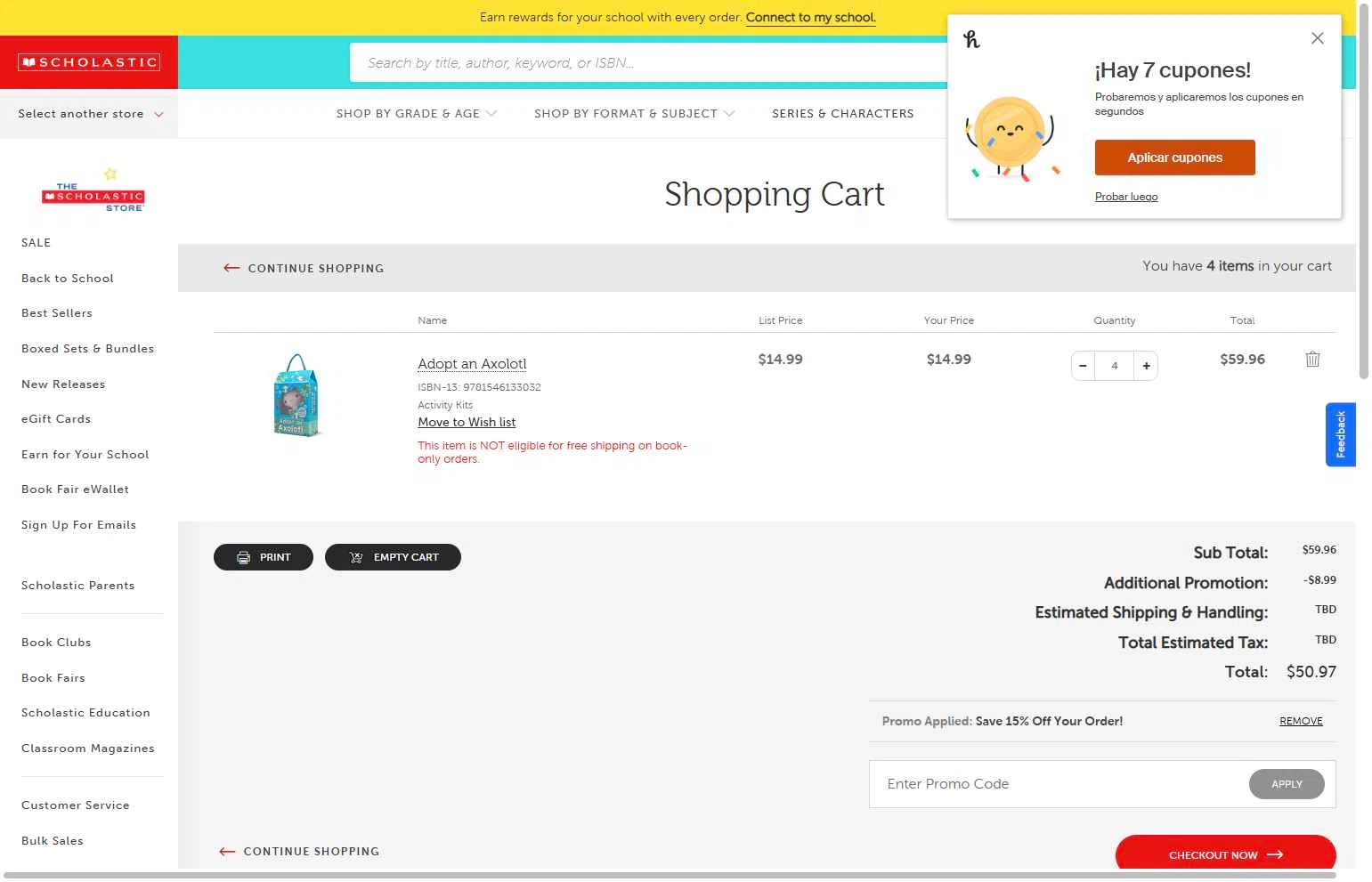 The Scholastic Parent Store checkout page showing The Scholastic Parent Store promo code box | Screenshot taken by SimplyCodes community member on Jan 30, 2026