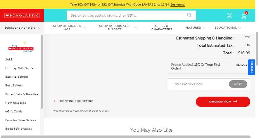 The Scholastic Parent Store checkout page showing The Scholastic Parent Store promo code box | Screenshot taken by SimplyCodes community member on Dec 13, 2025