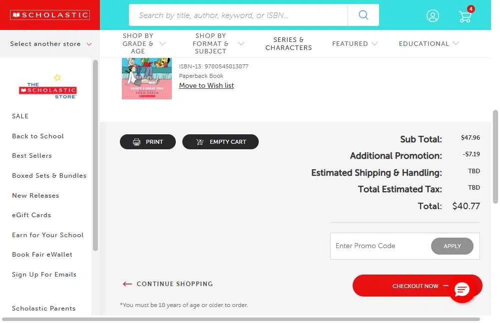The Scholastic Parent Store checkout page showing The Scholastic Parent Store promo code box | Screenshot taken by SimplyCodes community member on Jan 16, 2026