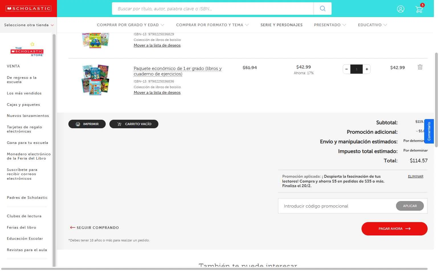 The Scholastic Parent Store checkout page showing The Scholastic Parent Store promo code box | Screenshot taken by SimplyCodes community member on Feb 19, 2026