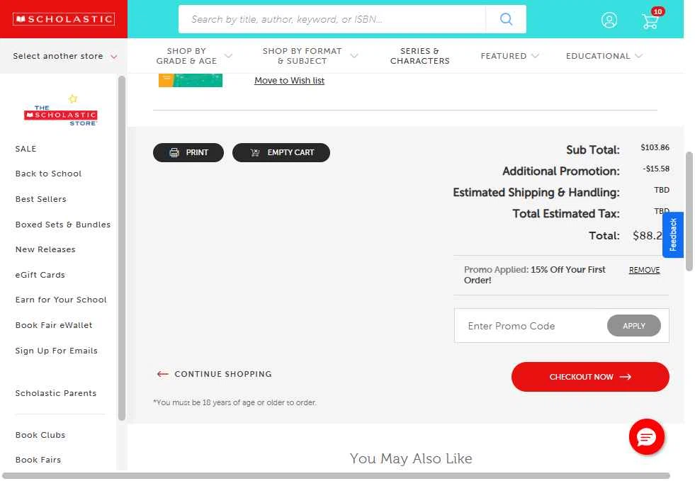 The Scholastic Parent Store checkout page showing The Scholastic Parent Store promo code box | Screenshot taken by SimplyCodes community member on Feb 4, 2026