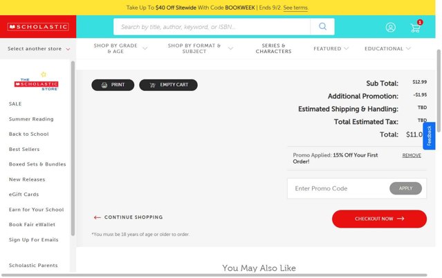 The Scholastic Parent Store checkout page showing The Scholastic Parent Store promo code box | Screenshot taken by SimplyCodes community member on Sep 1, 2025