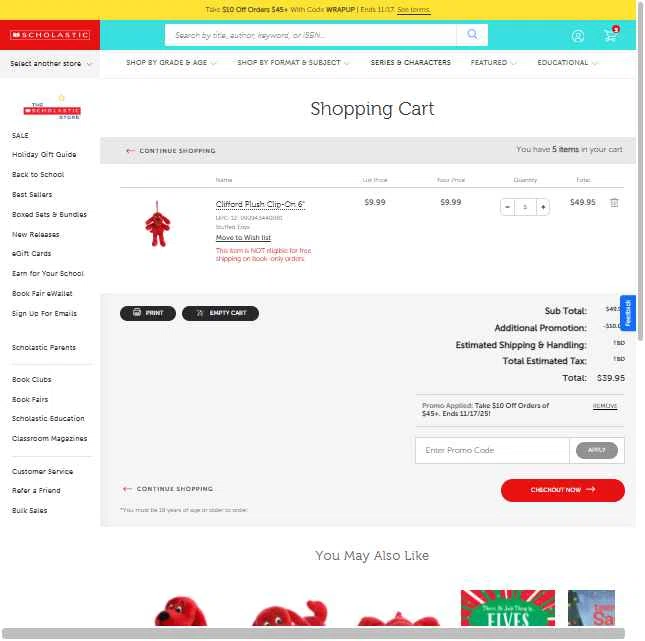 The Scholastic Teacher Store checkout page showing The Scholastic Teacher Store promo code box | Screenshot taken by SimplyCodes community member on Nov 15, 2025