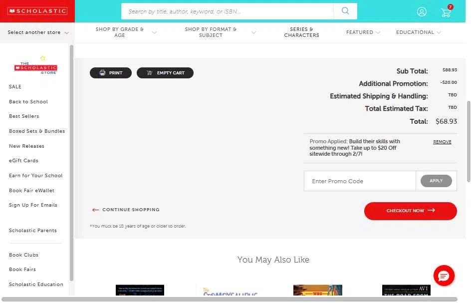 The Scholastic Teacher Store checkout page showing The Scholastic Teacher Store promo code box | Screenshot taken by SimplyCodes community member on Feb 4, 2026