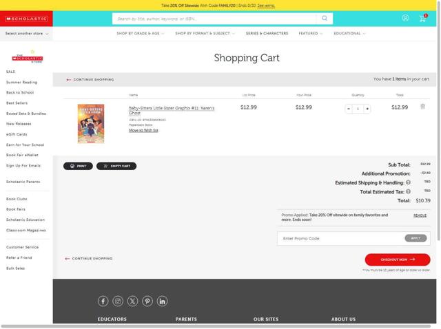 The Scholastic Teacher Store checkout page showing The Scholastic Teacher Store promo code box | Screenshot taken by SimplyCodes community member on Aug 19, 2025