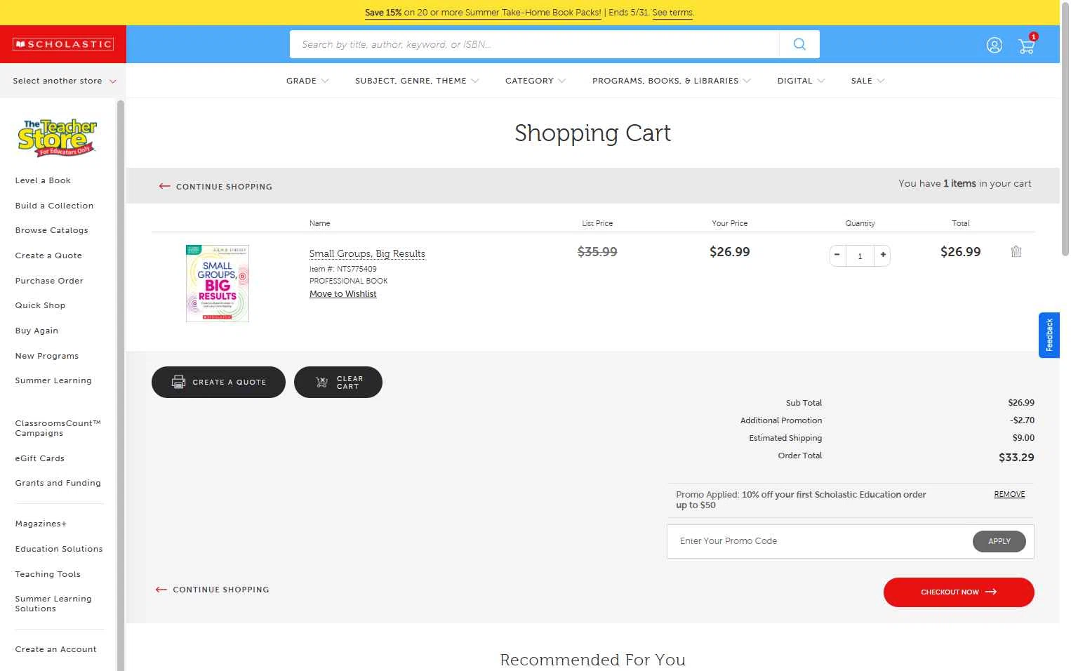 The Scholastic Teacher Store checkout page showing The Scholastic Teacher Store promo code box | Screenshot taken by SimplyCodes community member on Feb 14, 2026