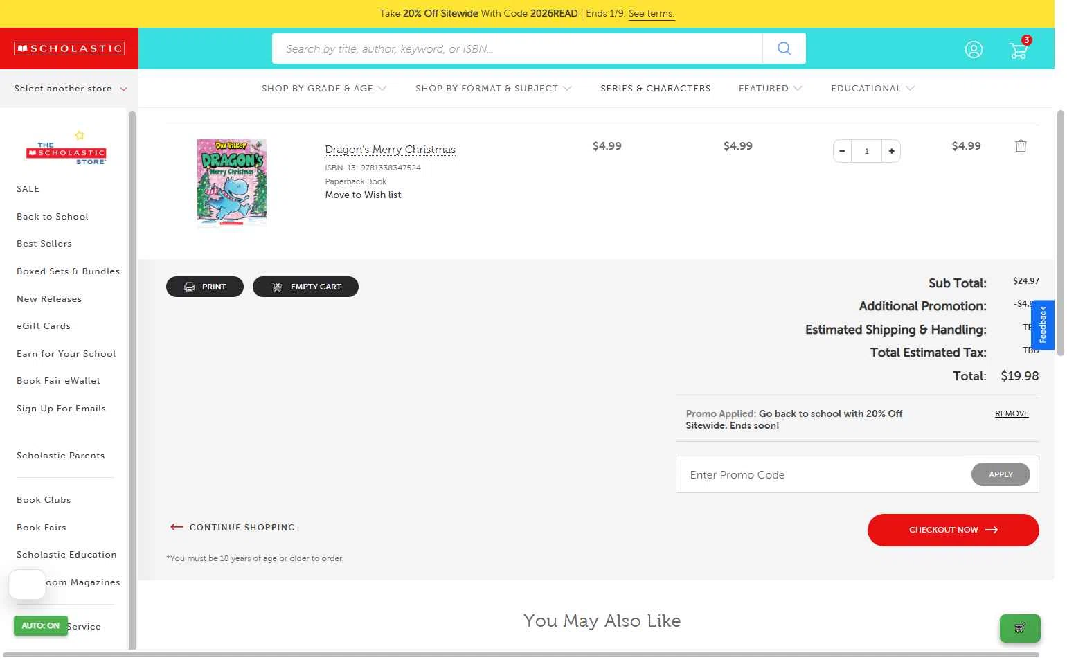 The Scholastic Teacher Store checkout page showing The Scholastic Teacher Store promo code box | Screenshot taken by SimplyCodes community member on Jan 9, 2026
