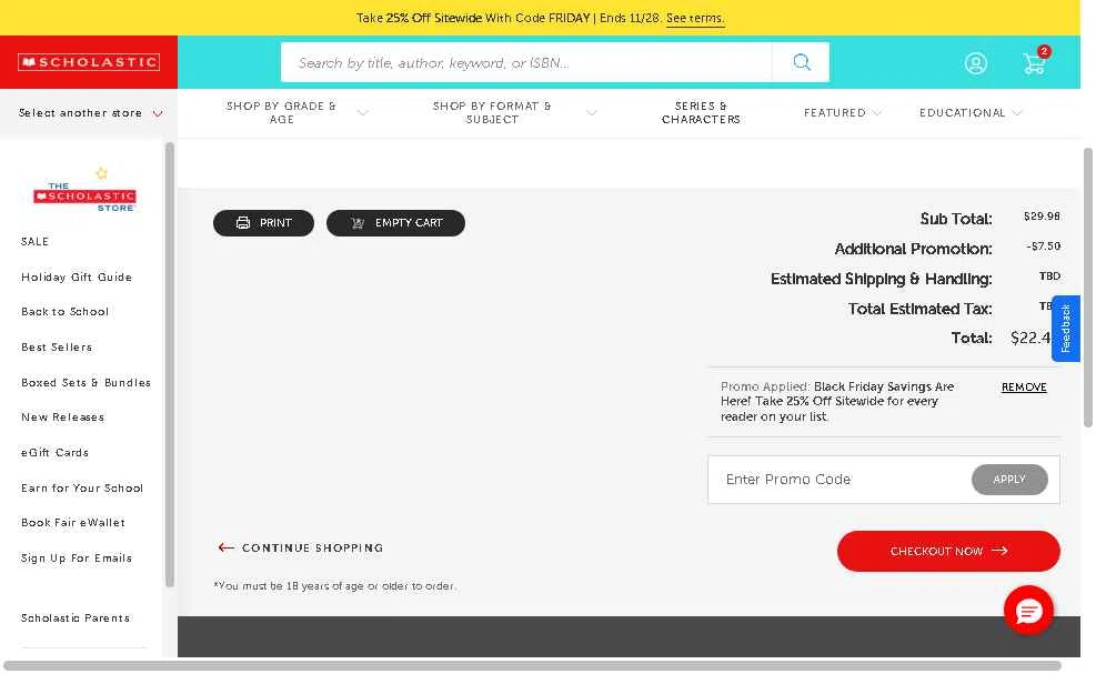 The Scholastic Teacher Store checkout page showing The Scholastic Teacher Store promo code box | Screenshot taken by SimplyCodes community member on Nov 28, 2025