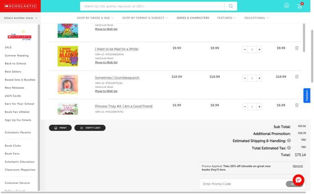 The Scholastic Teacher Store checkout page showing The Scholastic Teacher Store promo code box | Screenshot taken by SimplyCodes community member on Aug 5, 2025