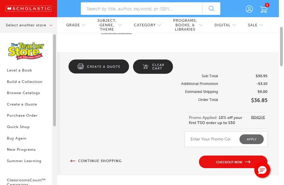 The Scholastic Teacher Store checkout page showing The Scholastic Teacher Store promo code box | Screenshot taken by SimplyCodes community member on Nov 18, 2025