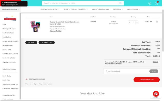 The Scholastic Teacher Store checkout page showing The Scholastic Teacher Store promo code box | Screenshot taken by SimplyCodes community member on Oct 2, 2025